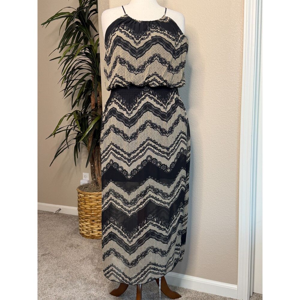 Enfocus Black and Cream Chevron Lace Halter Maxi Dress Size 14W